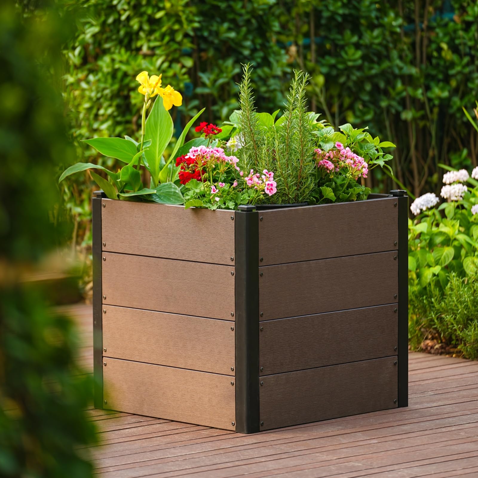 Garvee 25" × 25" × 23" Wood-Look Composite Raised Garden Bed, Planter Box with Bottom Panel & Drainage, Brown