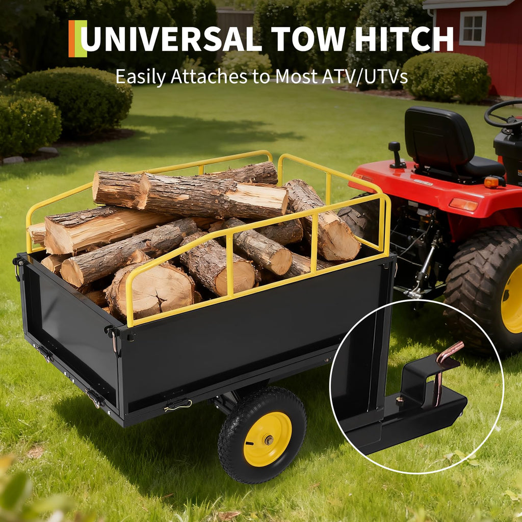 Garvee ATV UTV Tow Behind Dump Cart 750Lbs Capacity 17 Cu Ft Bed Heavy Duty Iron Frame Pneumatic Tires Universal Hitch for Yard Work