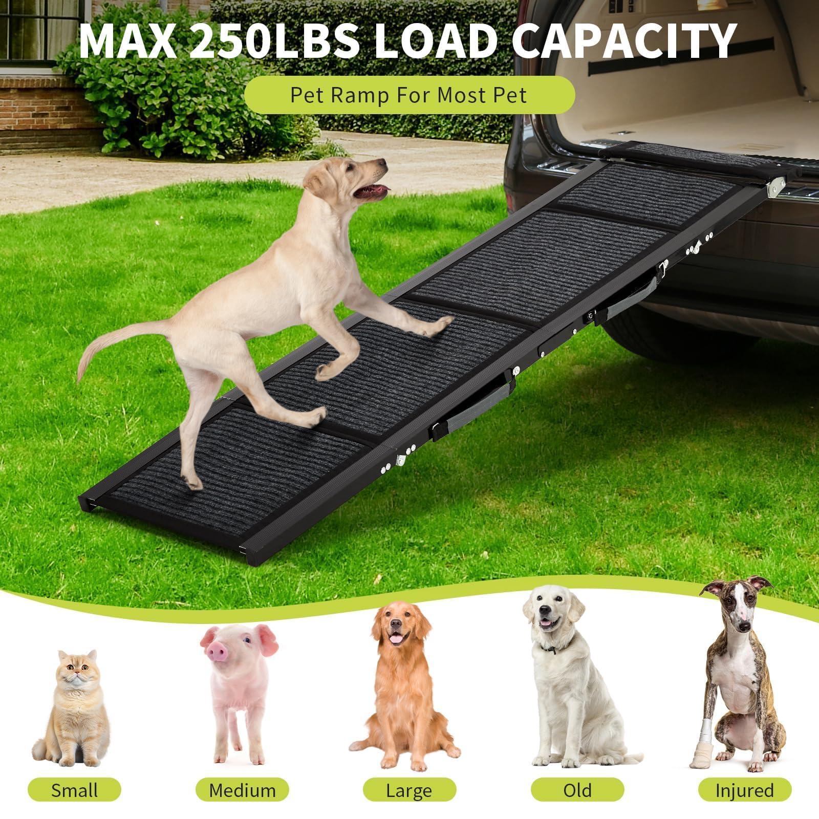 Garvee Portable Dog Car Ramp, 63"×17" Wide Folding Pet Ramp for Large Dogs with Non-Slip Surface Portable Dog Car Ramp for SUV Car, RVs & Truck, Outdoor Dog Ramp Up to 250 LBS
