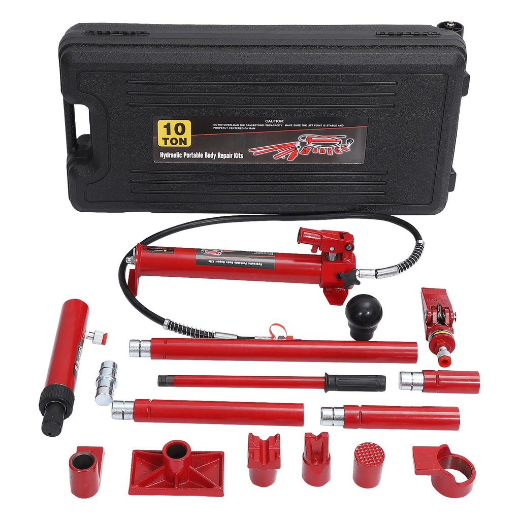 Garvee 10-Ton Heavy-Duty Hydraulic Porta Power Jack Kit with Wheel - 4.6 Ft Oil Hose, Pump, and Storage Case for Auto Body Frame Repair, Garage, Farm, and Mechanic Applications, Red