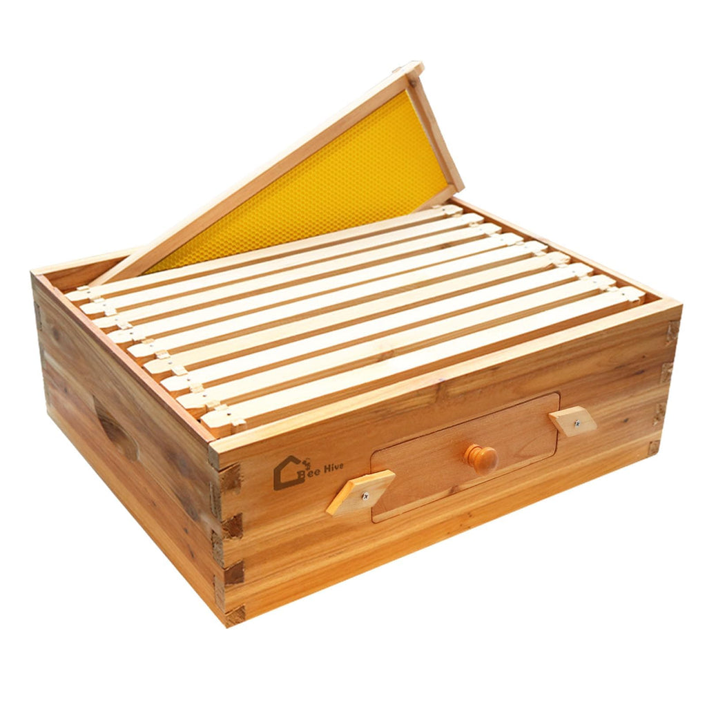 Garvee 10-Frame Medium Super Bee Hive Box Langstroth Compatible Beeswax Coated Cedarwood Transparent Window Ventilated Observation Tool-Free Assembly Outdoor Beekeeping