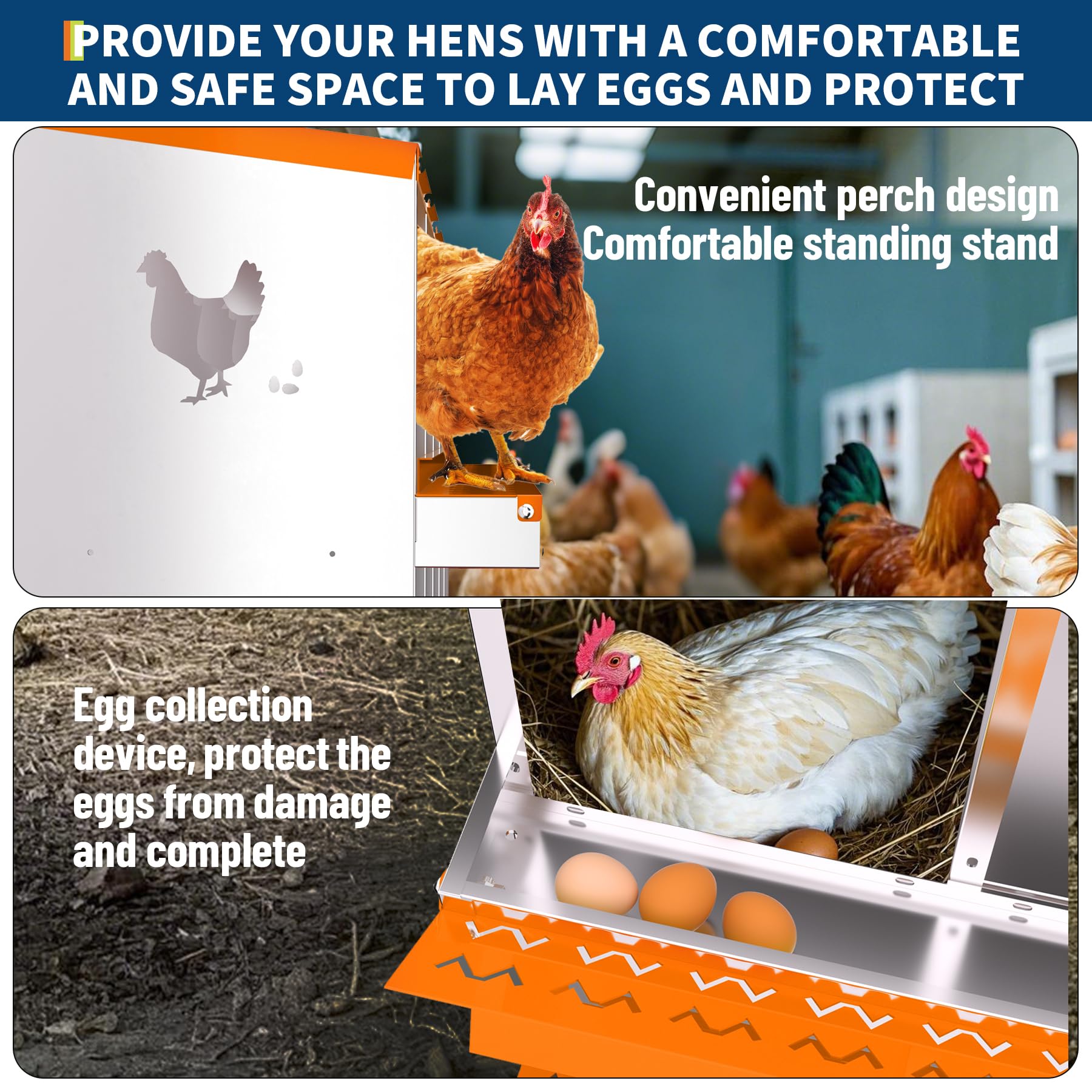 Garvee 8-Hole Chicken Nest Box Heavy Duty Galvanized Steel  Ventilation System Bioengineering Design Orange for Hens Ducks Small Poultry