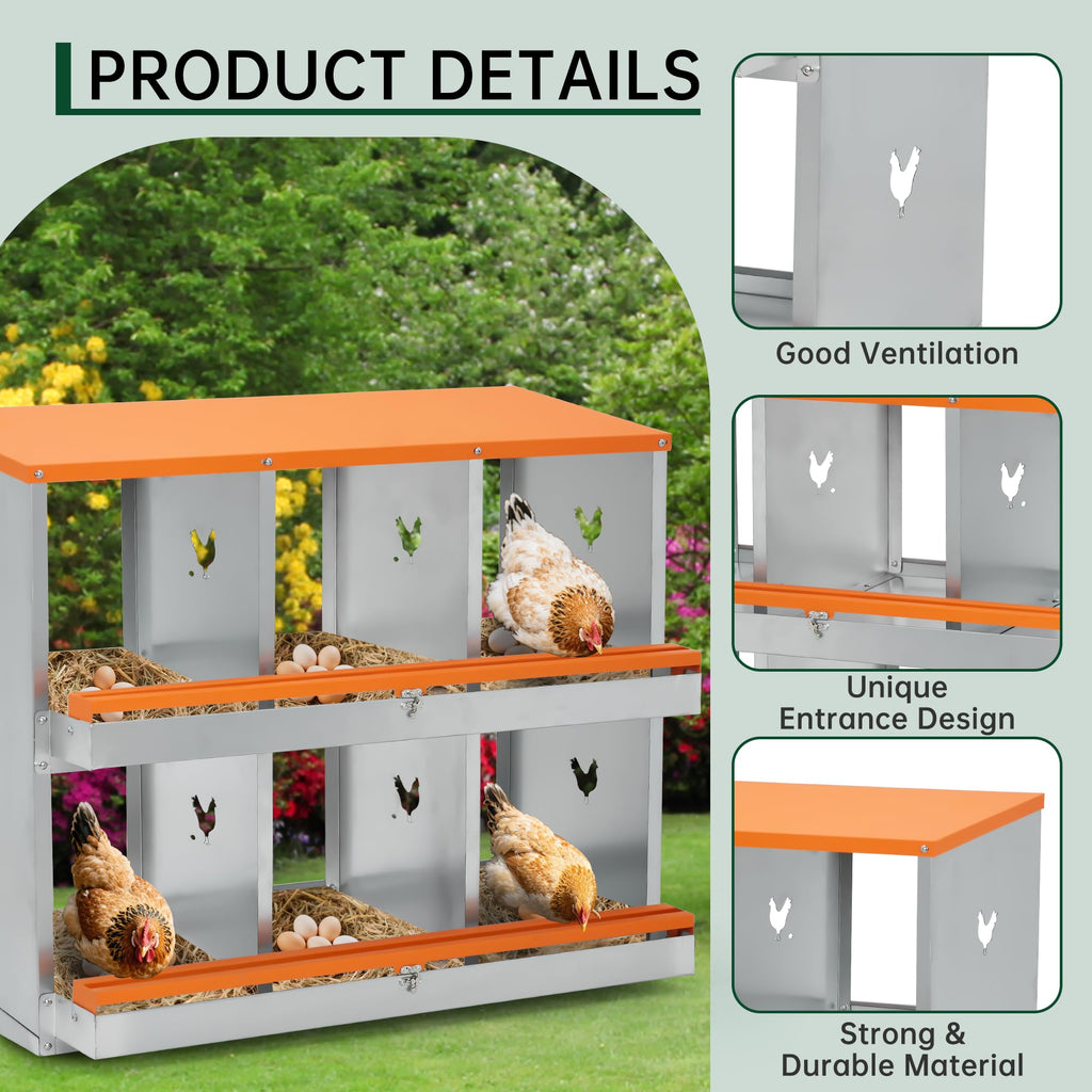 Garvee Chicken Nesting Box 6 Holes Heavy Duty Galvanized Steel Two-Tier Ventilated Dry Bedding Easy Assembly for Chicken Coop