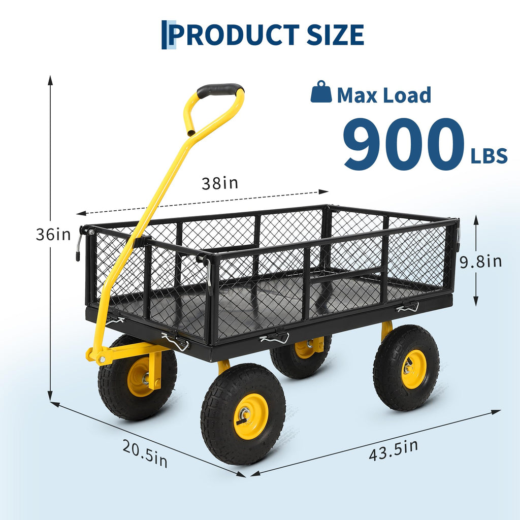 Garvee 900 lbs Heavy Duty Steel Garden Wagon Cart – 2-in-1 Utility Yard Cart, Removable Mesh Sides, 10" All-Terrain Tires, 180° Rotating Handle – For Gardening, Lawn, Outdoor Transport – Black Body, Yellow Hubs