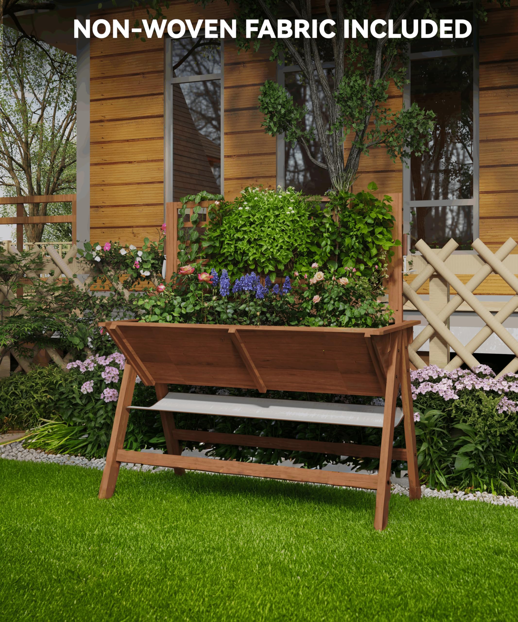 Garvee 52x30x54in Raised Garden Bed with Legs, Elevated Wooden Raised Planter Box with Vine Climbing Trellis Outdoor Standing Growing Bed for Growing Vegetables Flowers Herbs
