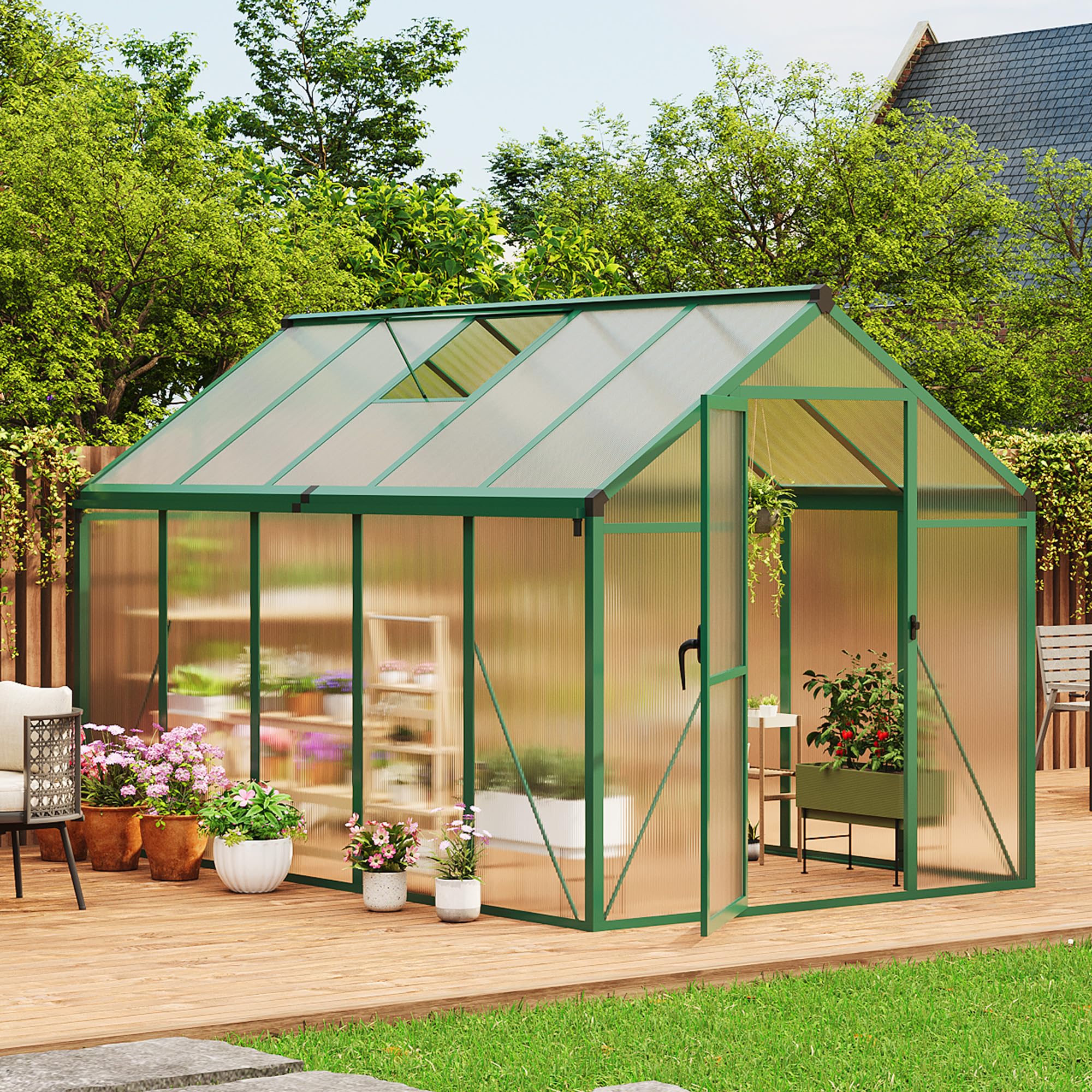 Garvee 6x10 FT Walk-in Greenhouse Polycarbonate Panels Aluminum Frame Roof Vent Ground Nails Backyard Garden