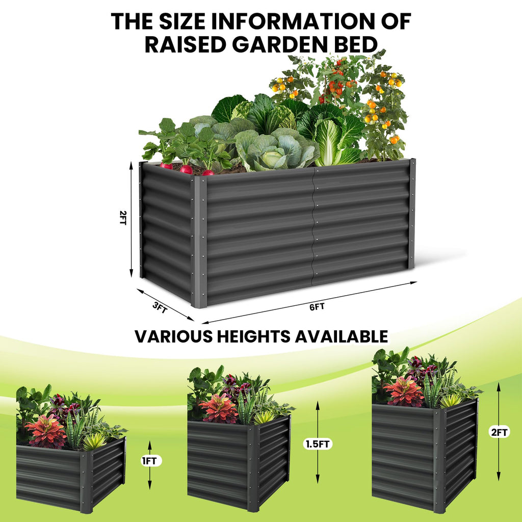 Garvee Raised Garden Bed Set of 2 6x3x2FT Galvanized Metal Durable Stability Open Base Safety Edge Dark Gray for Patios Yards Gardens