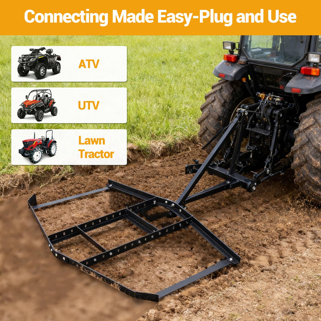 Garvee Driveway Drag 66" Steel Drag Harrow Heavy-Duty Rust-Resistant Adjustable Bars Pin-Style Hitch Tow Behind ATV UTV Garden Tractor Yard Leveling