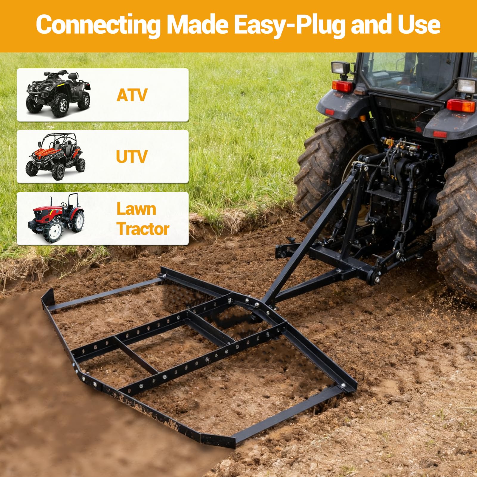 Garvee Driveway Drag 66" Steel Drag Harrow Heavy-Duty Rust-Resistant Adjustable Bars Pin-Style Hitch Tow Behind ATV UTV Garden Tractor Yard Leveling