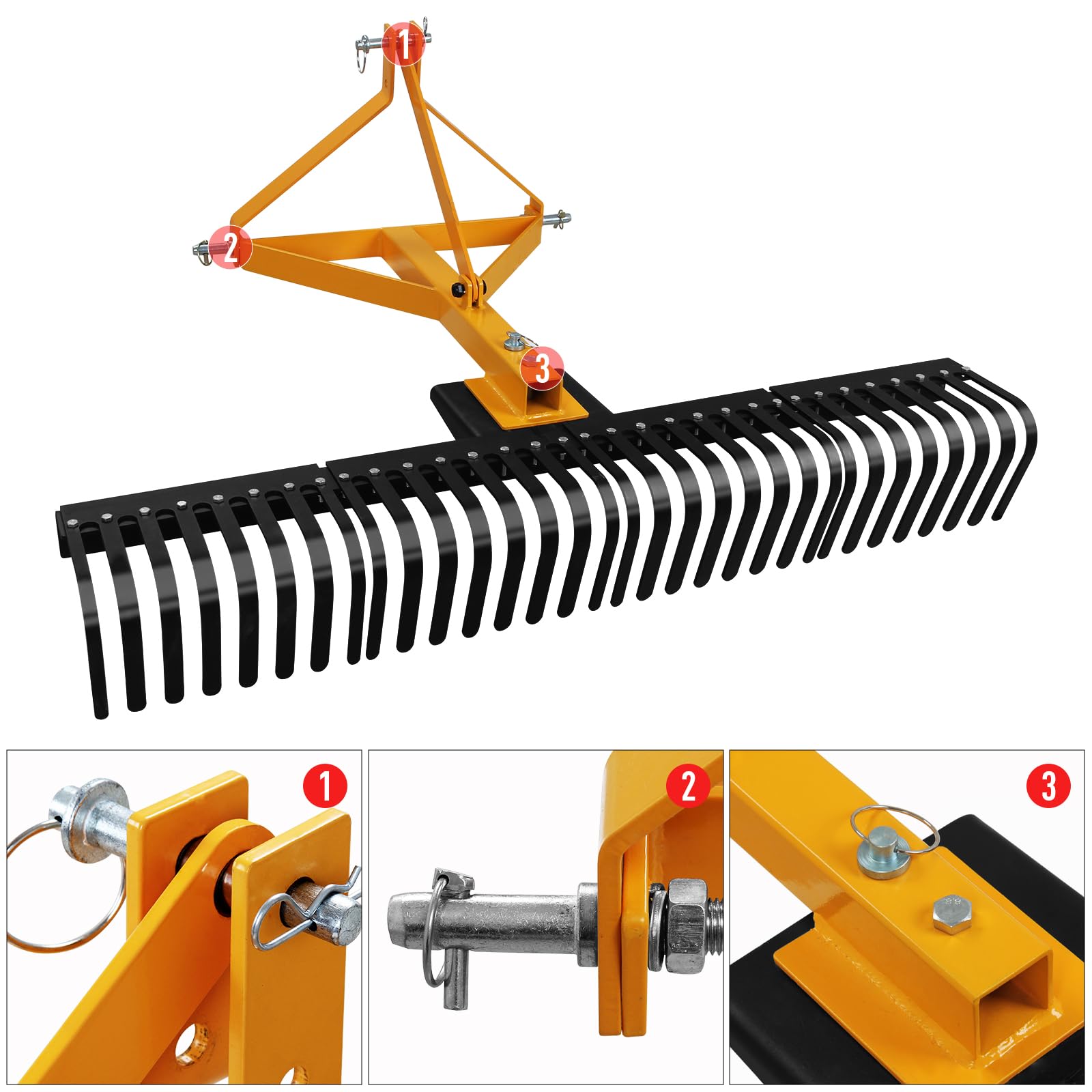 Garvee Landscape Rock Rake 5 FT 3-Point Attach Heavy Duty Steel Tines Rotatable Adjustable Tow-Behind Garden Tractor for Lawn and Field