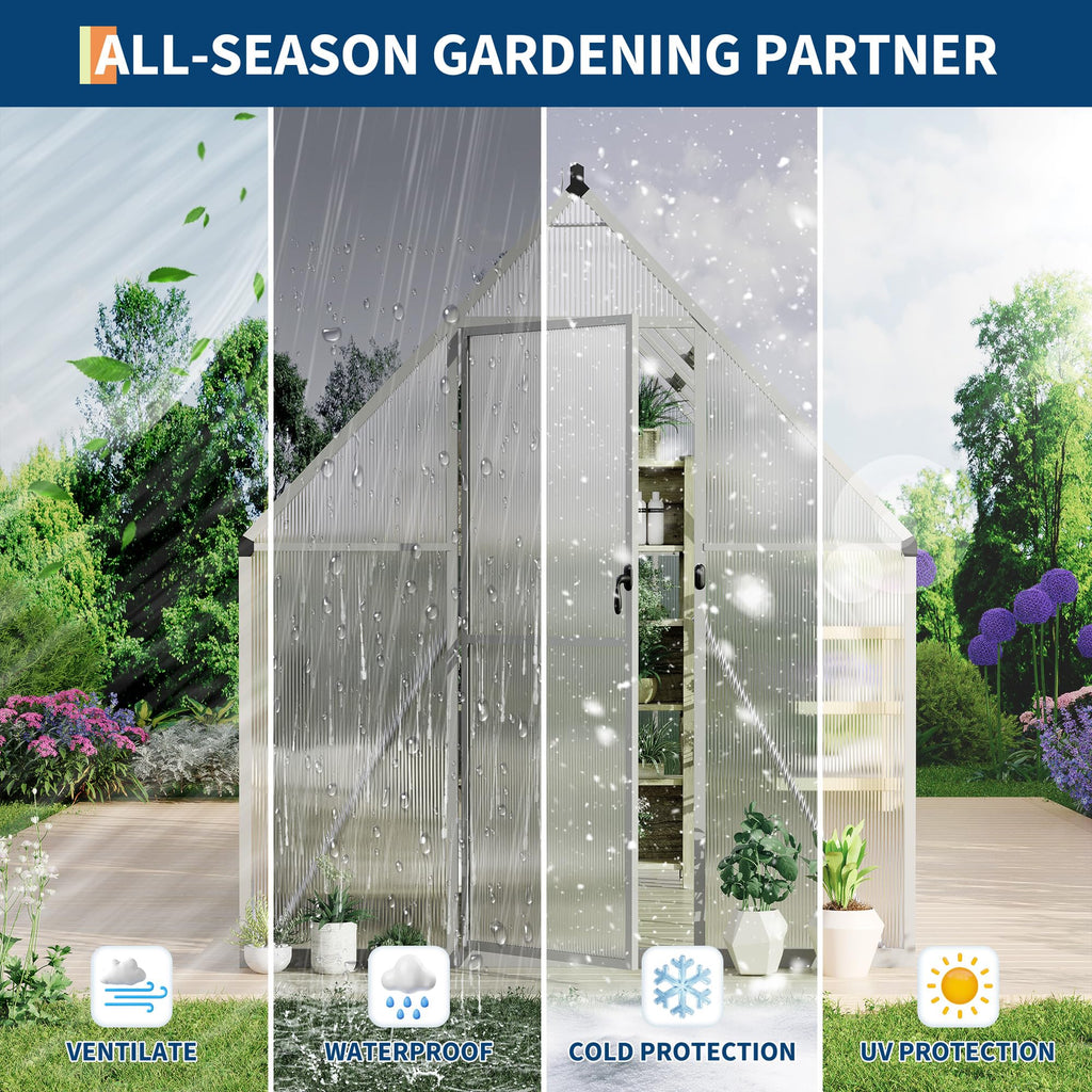 Garvee Heavy Duty 6x9 FT Aluminum Polycarbonate Walk-In Greenhouse - Double Swing Doors, Roof Vent, Rain Gutter, High Wind Resistant, Quick Setup, for Outdoor Garden, Silver