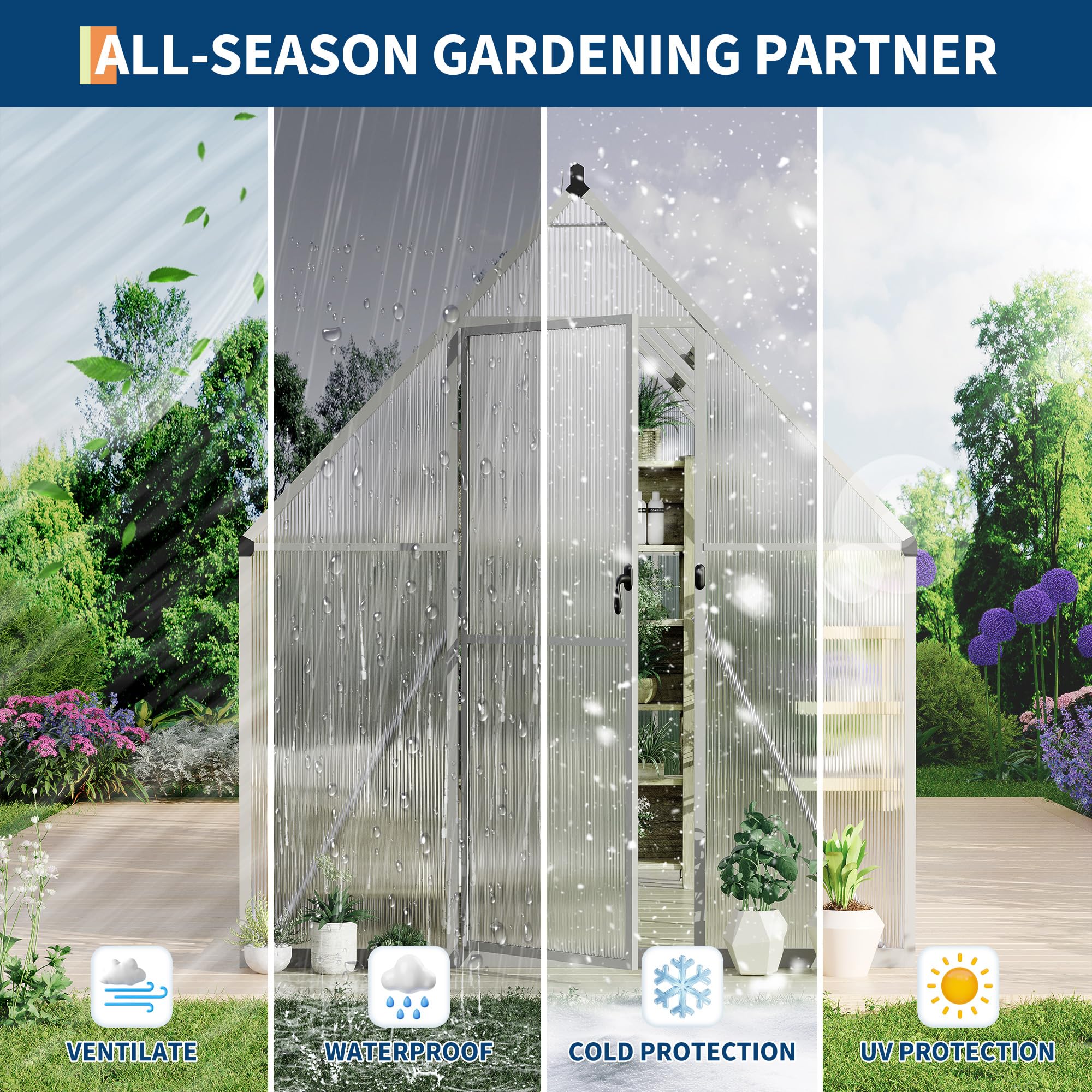 Garvee Heavy Duty 6x9 FT Aluminum Polycarbonate Walk-In Greenhouse - Double Swing Doors, Roof Vent, Rain Gutter, High Wind Resistant, Quick Setup, for Outdoor Garden, Silver