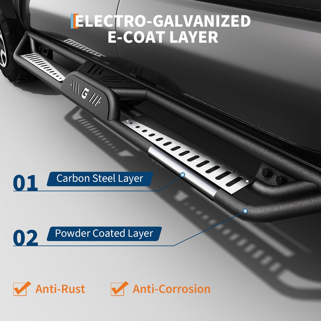 Garvee Side Bars for Toyota Tacoma 2005-2023 Double Cab - 2" Carbon Steel Tri-Tube, 500LBS Load Non-Slip Pads, Bolt-On Install, Rust Resistant - Off-Road Protection