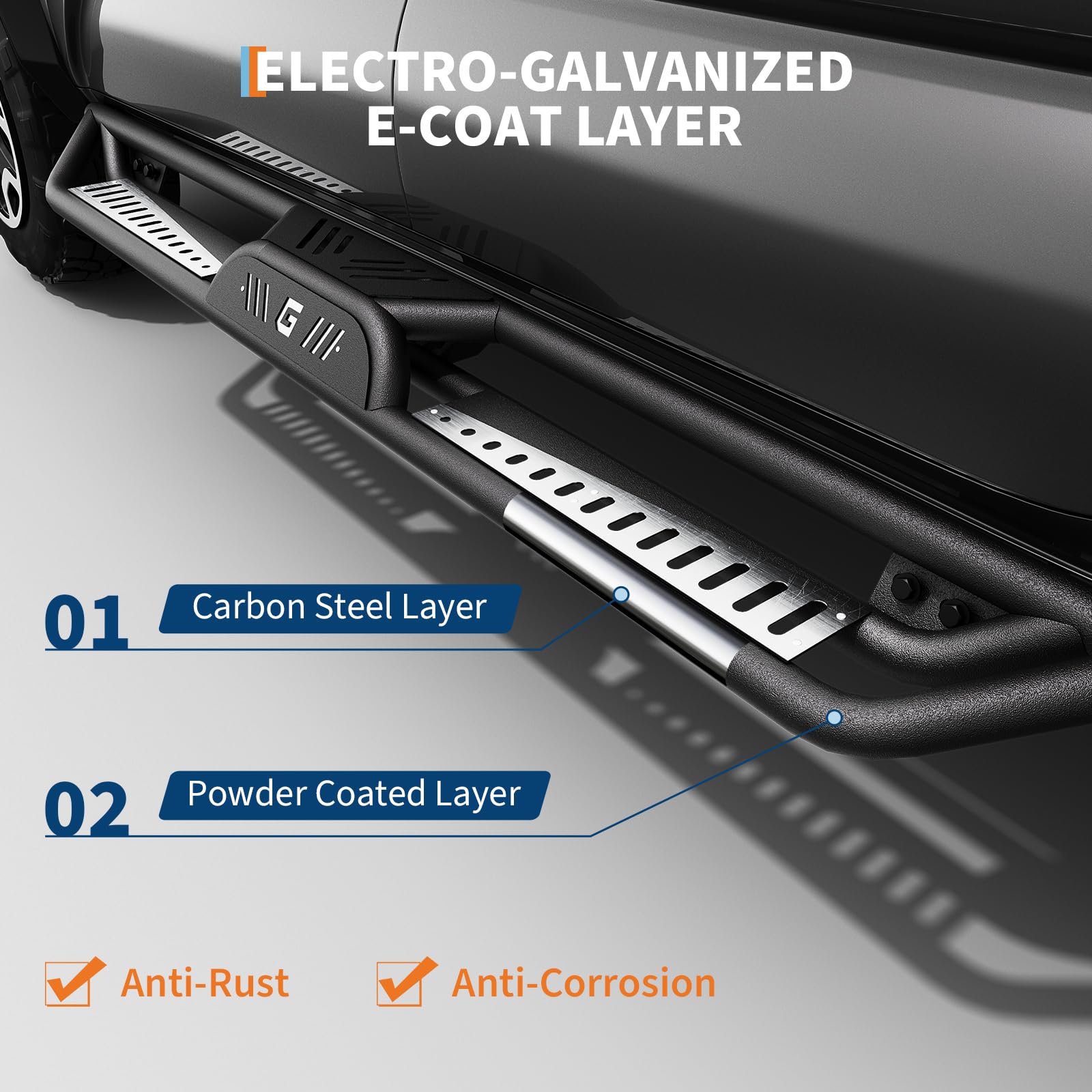 Garvee Side Bars for Toyota Tacoma 2005-2023 Double Cab - 2" Carbon Steel Tri-Tube, 500LBS Load Non-Slip Pads, Bolt-On Install, Rust Resistant - Off-Road Protection
