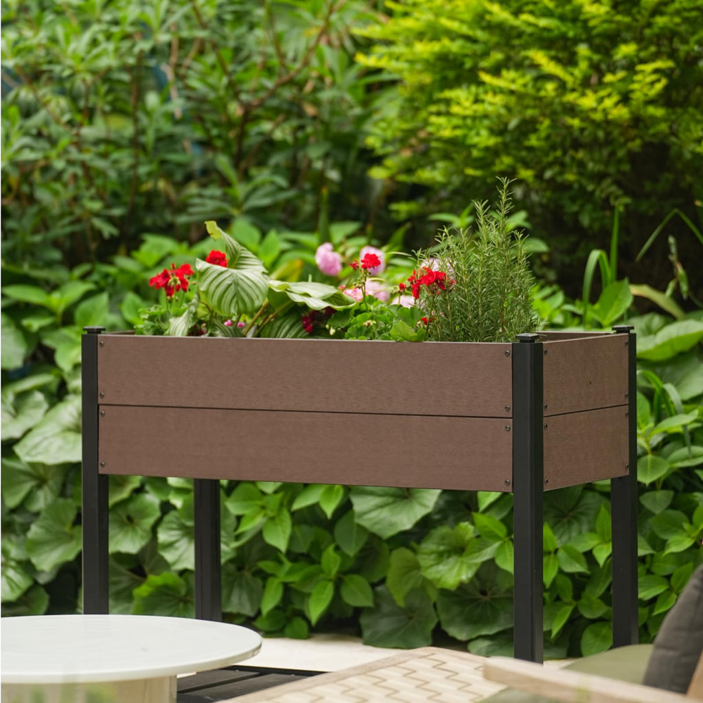Garvee 42" × 33" HDPE Elevated Raised Garden Bed, Wood-Grain Planter Box with Black Aluminum Frame & Storage Shelf, Brown