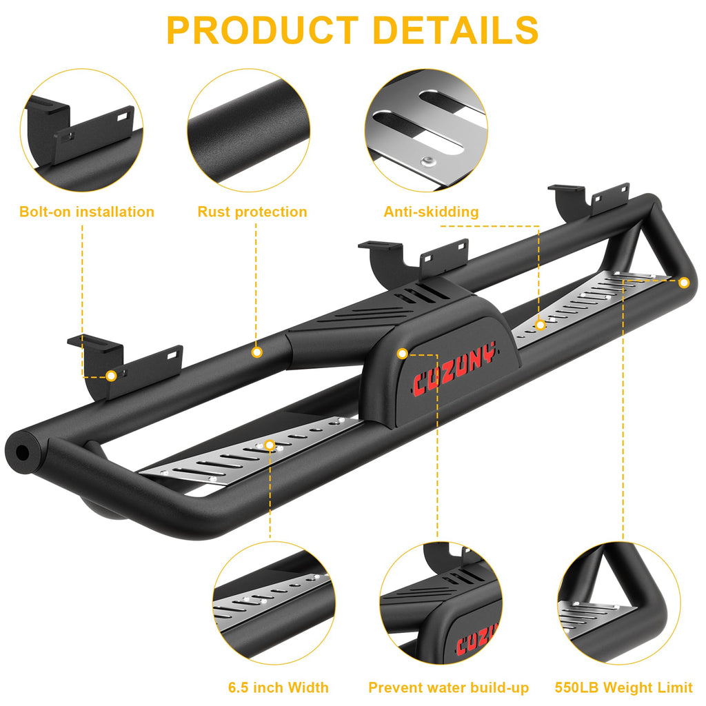Garvee 6 Inch Running Boards 550LB Side Steps, Three-Tube Non-Slip Black Powder Coated Rock Sliders, Fits 2015-2025 Chevy Colorado/Canyon Crew Cab