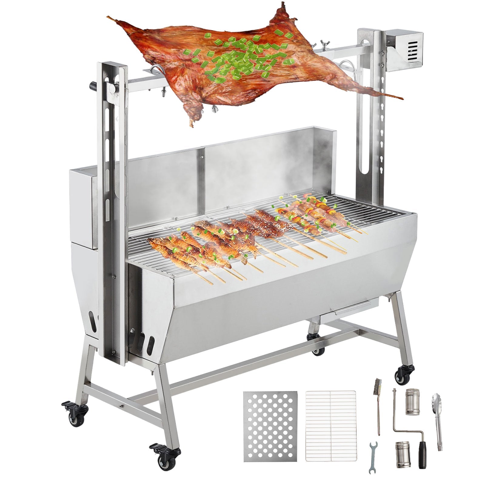 Garvee Stainless Steel Rotisserie Grill with Windscreen - Electric BBQ Whole Pig/Lamb Spit Roaster w/Lockable Wheels for Outdoor Cooking