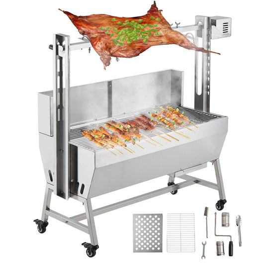Garvee Stainless Steel Rotisserie Grill with Windscreen - Electric BBQ Whole Pig/Lamb Spit Roaster w/Lockable Wheels for Outdoor Cooking