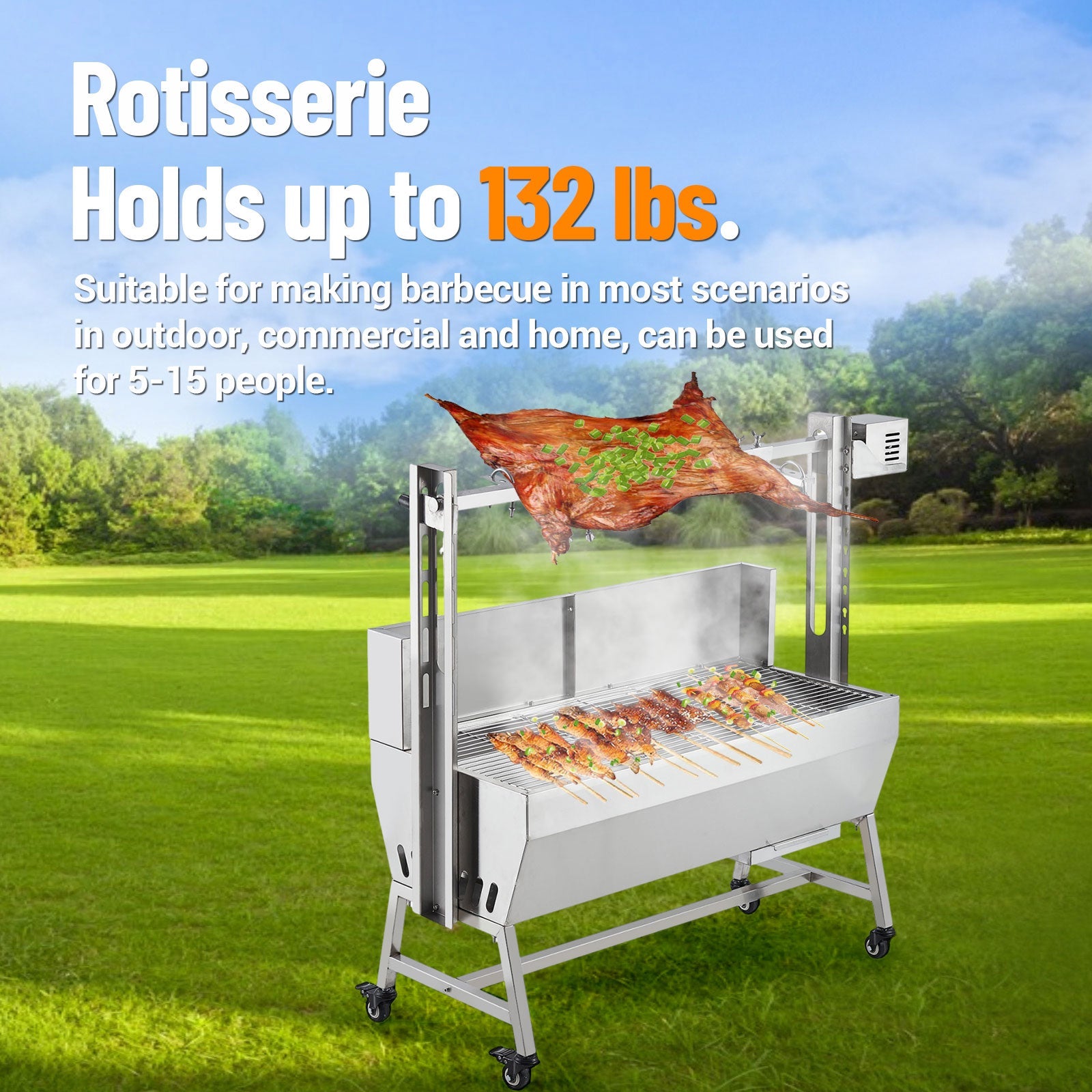 Garvee Stainless Steel Rotisserie Grill with Windscreen - Electric BBQ Whole Pig/Lamb Spit Roaster w/Lockable Wheels for Outdoor Cooking
