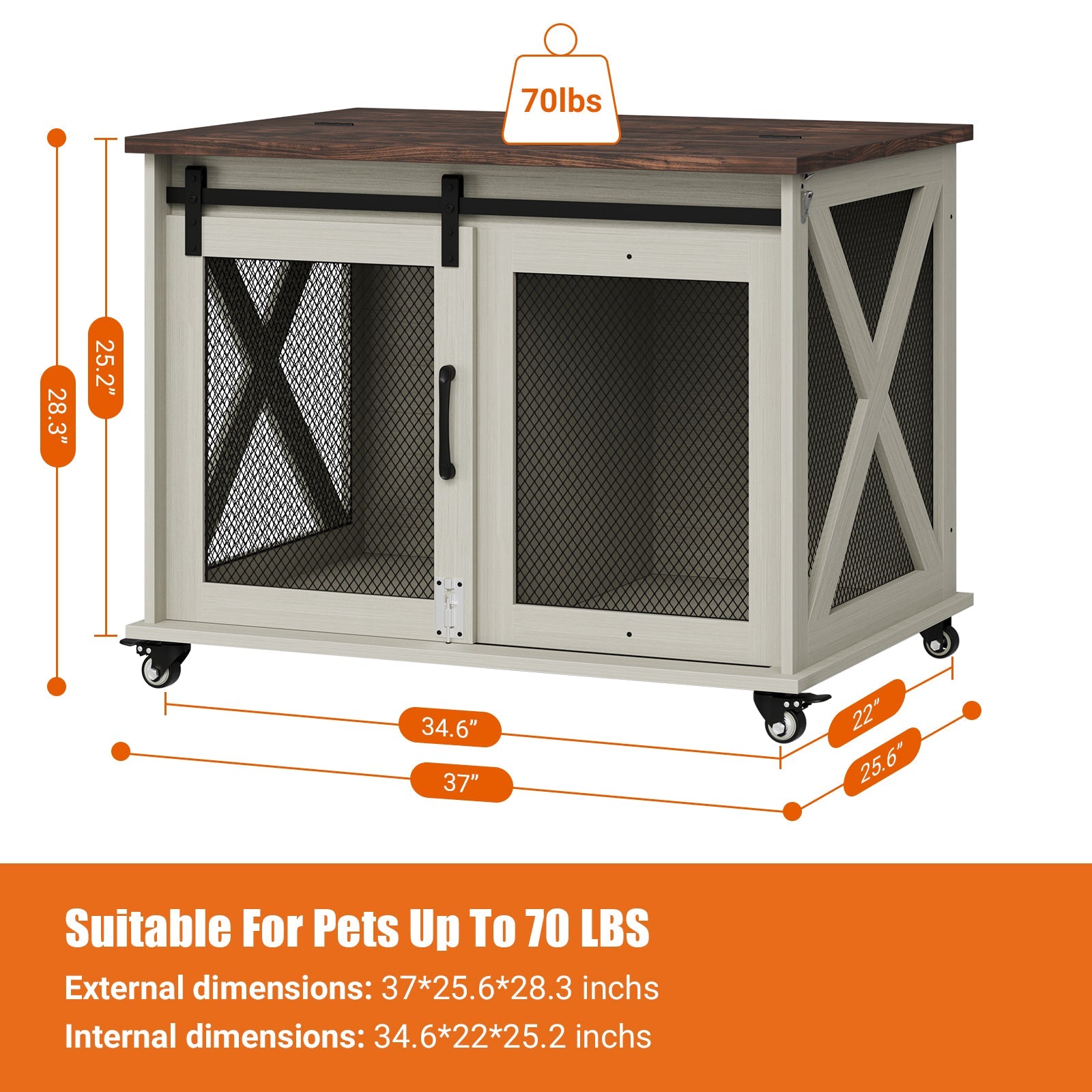 Garvee 37” Sliding Barn Door Dog Crate Furniture with Flip Top and Movable Divider, Wooden Dog Crate Table, Dog Kennel Side End Table, Furniture Style Large Dog House, White