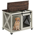 Garvee 37” Sliding Barn Door Dog Crate Furniture with Flip Top and Movable Divider, Wooden Dog Crate Table, Dog Kennel Side End Table, Furniture Style Large Dog House, White