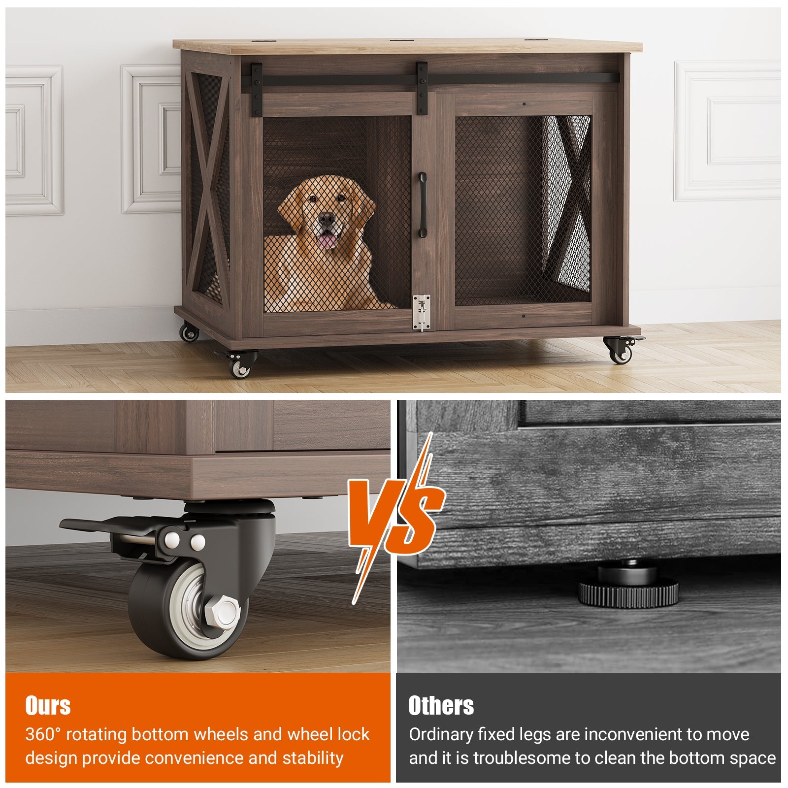 Garvee Dog Crate Furniture with Sliding Barn Door, Flip Top Furniture Style Dog Crate End Table with Wheels, Indoor Dog Kennel House with Removable Divider, Brown