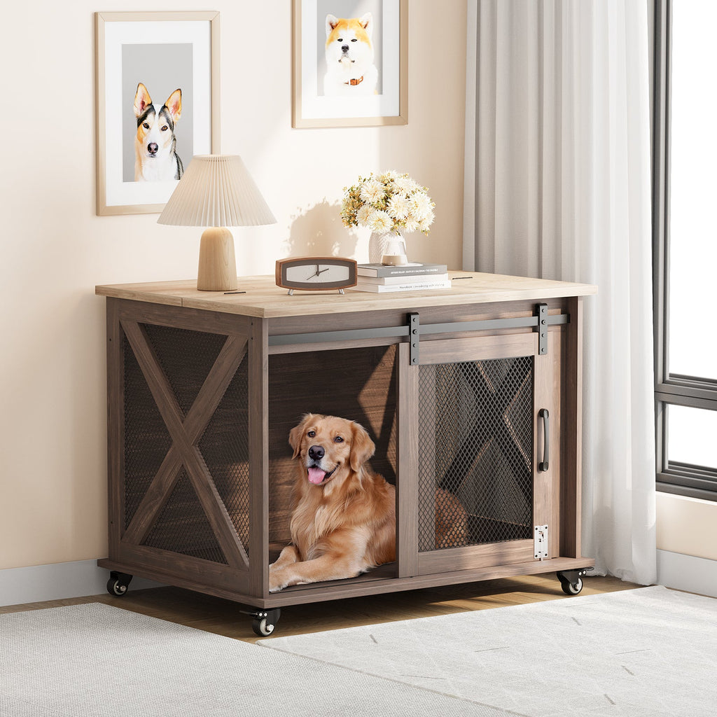 Garvee Dog Crate Furniture with Sliding Barn Door, Flip Top Furniture Style Dog Crate End Table with Wheels, Indoor Dog Kennel House with Removable Divider, Brown