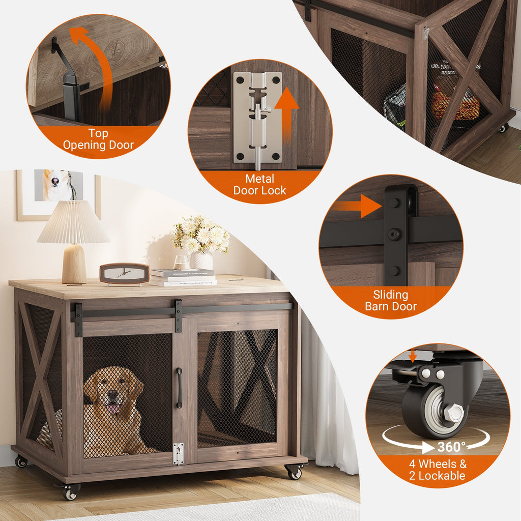 Garvee Dog Crate Furniture with Sliding Barn Door, Flip Top Furniture Style Dog Crate End Table with Wheels, Indoor Dog Kennel House with Removable Divider, Brown