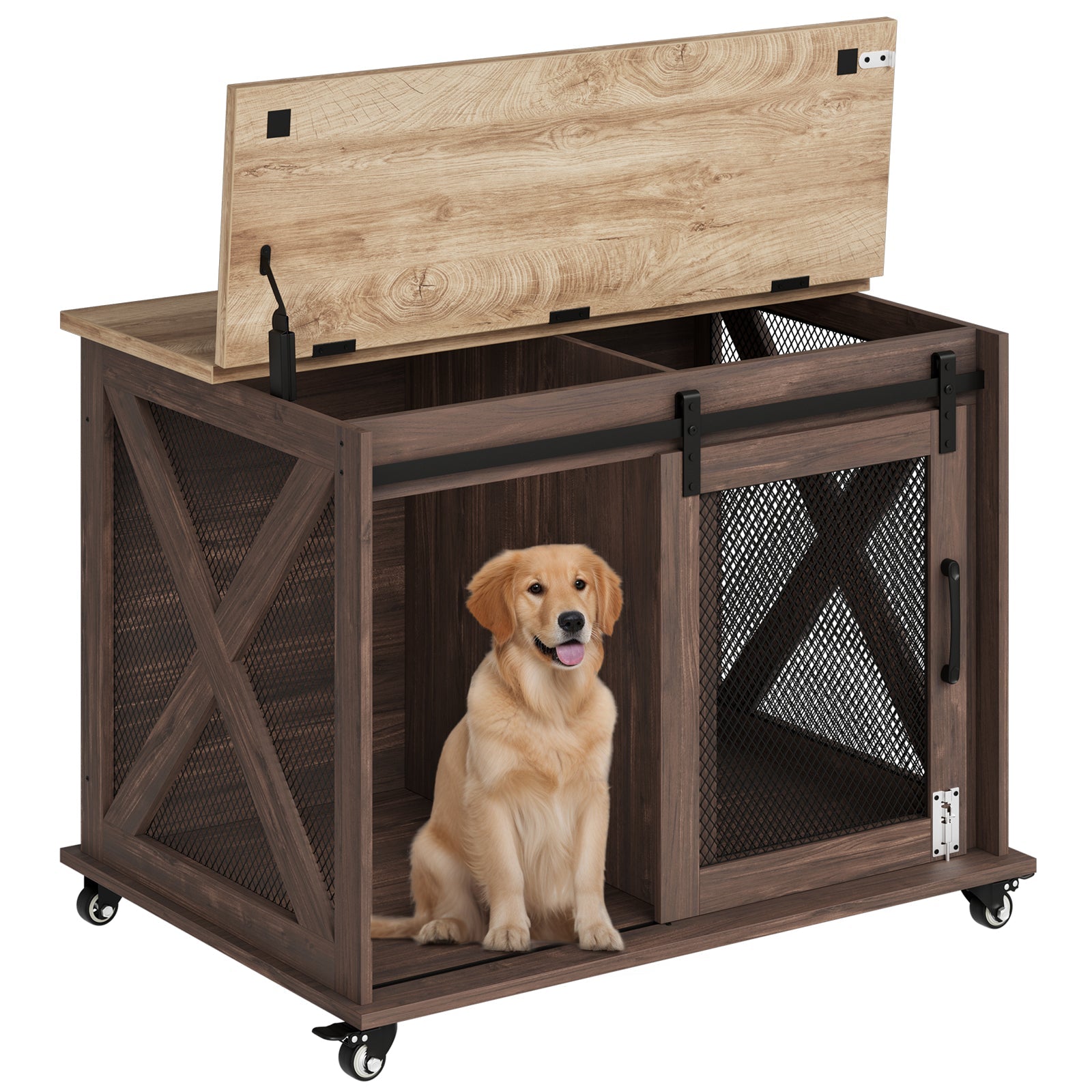 Garvee Dog Crate Furniture with Sliding Barn Door, Flip Top Furniture Style Dog Crate End Table with Wheels, Indoor Dog Kennel House with Removable Divider, Brown