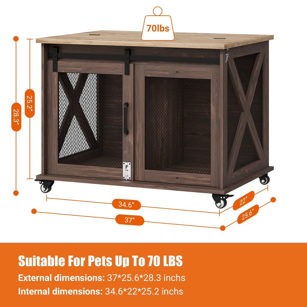Garvee Dog Crate Furniture with Sliding Barn Door, Flip Top Furniture Style Dog Crate End Table with Wheels, Indoor Dog Kennel House with Removable Divider, Brown