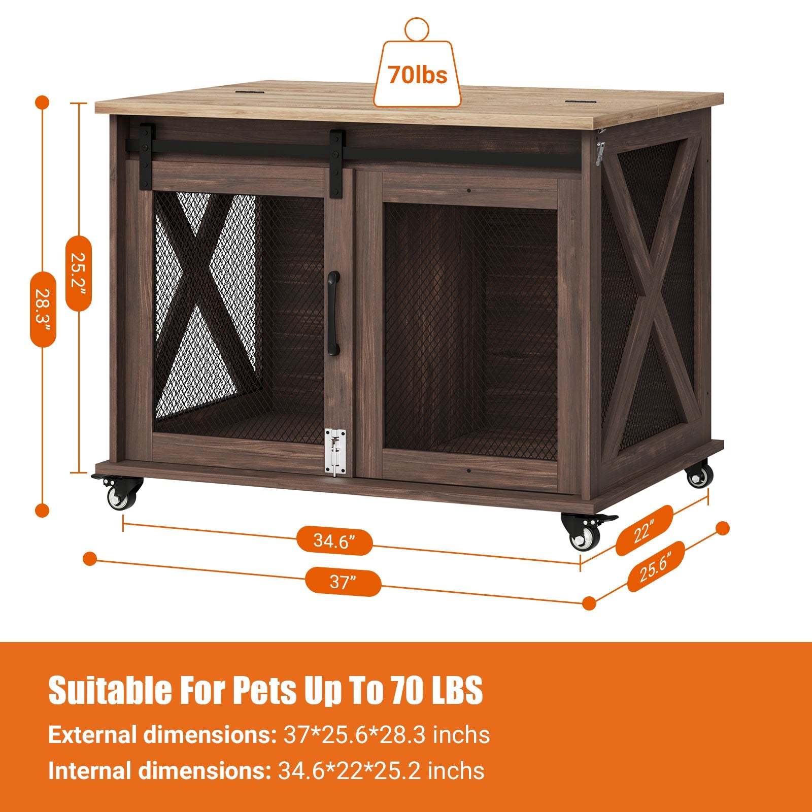Garvee Dog Crate Furniture with Sliding Barn Door, Flip Top Furniture Style Dog Crate End Table with Wheels, Indoor Dog Kennel House with Removable Divider, Brown