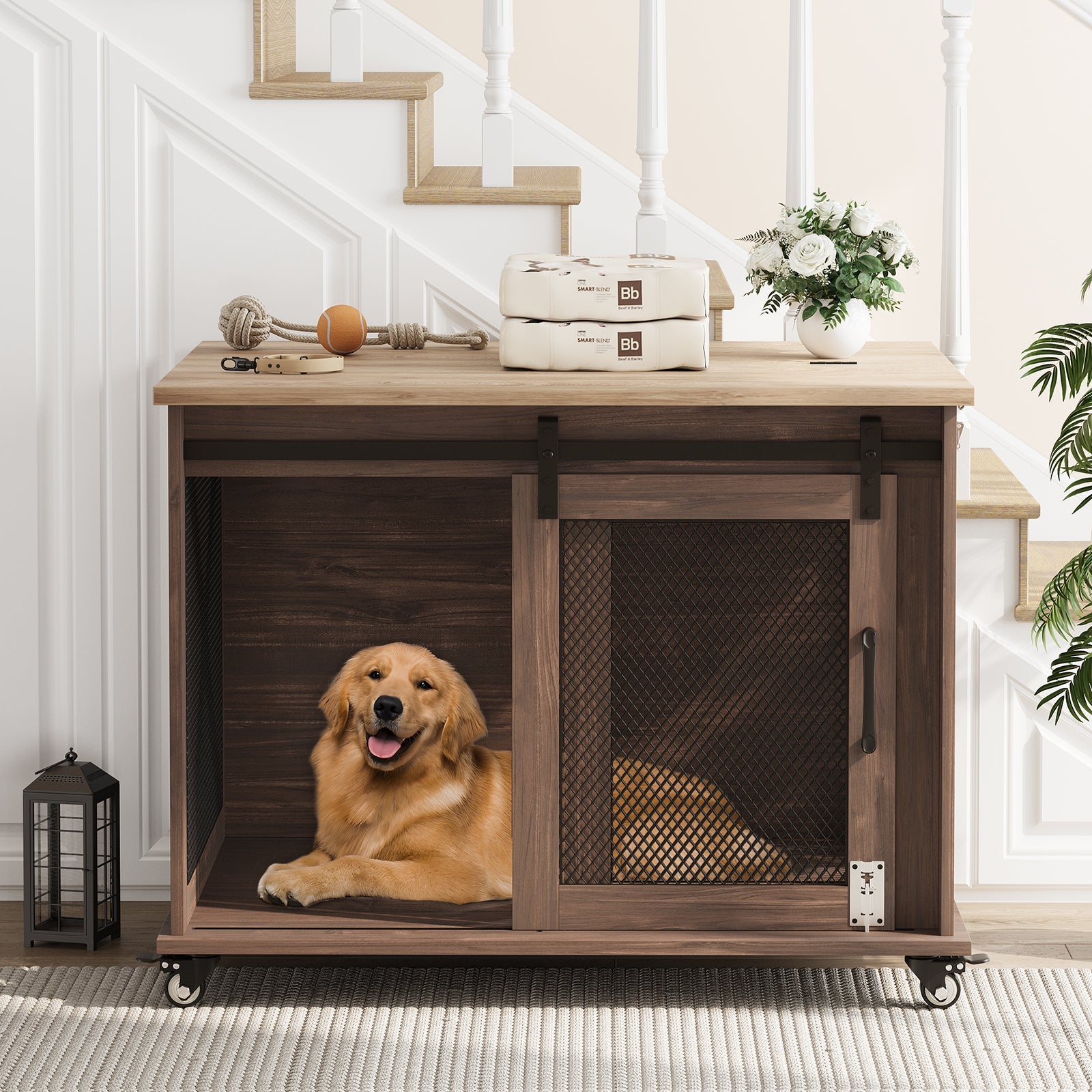 Garvee Dog Crate Furniture with Sliding Barn Door, Flip Top Furniture Style Dog Crate End Table with Wheels, Indoor Dog Kennel House with Removable Divider, Brown