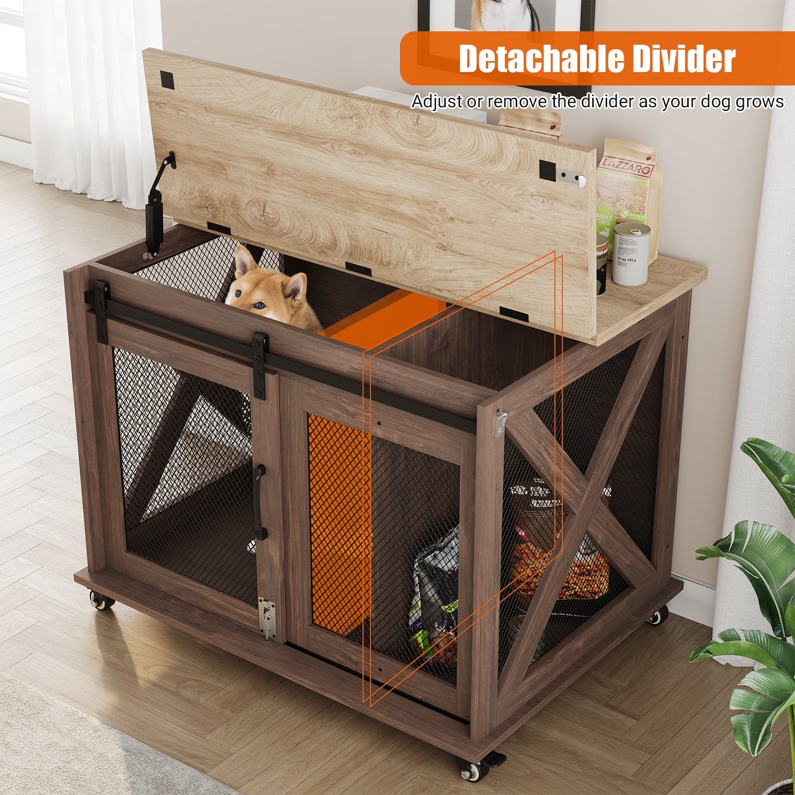 Garvee Dog Crate Furniture with Sliding Barn Door, Flip Top Furniture Style Dog Crate End Table with Wheels, Indoor Dog Kennel House with Removable Divider, Brown