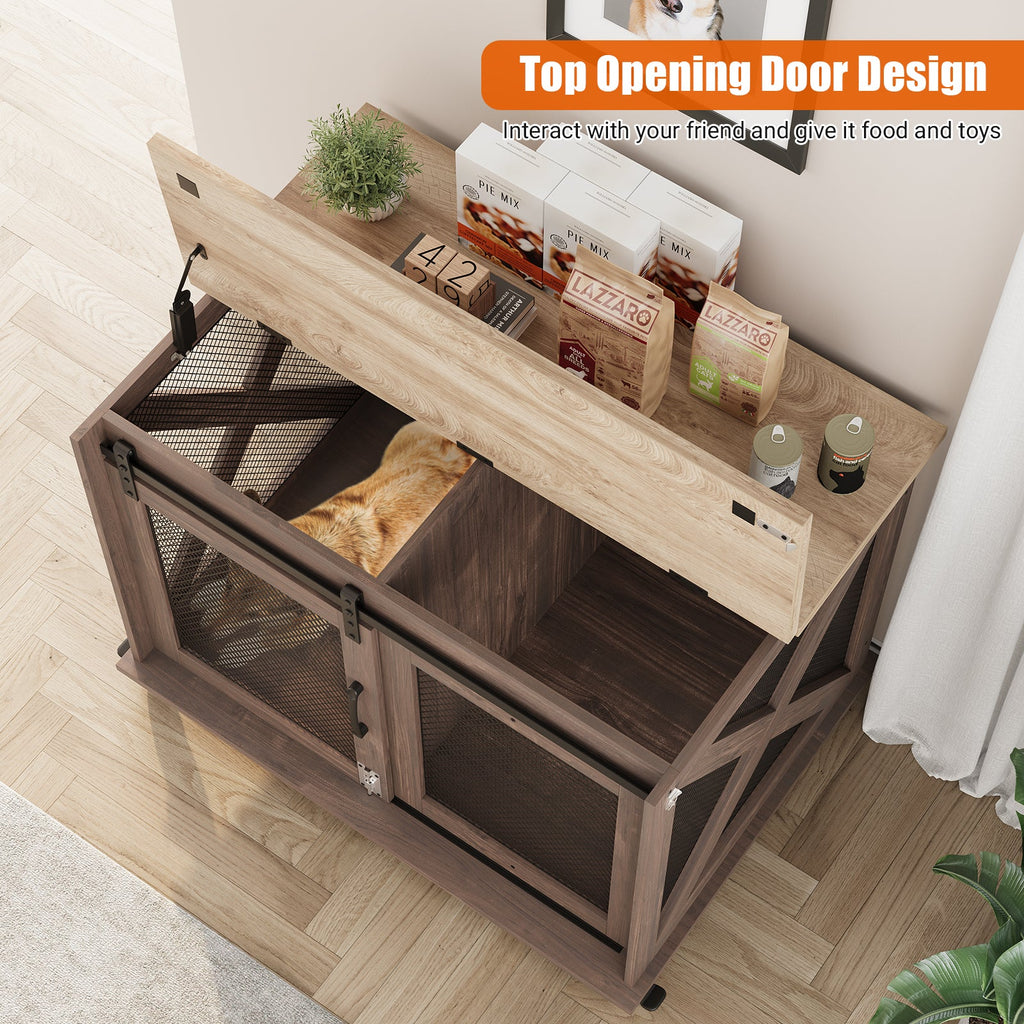 Garvee Dog Crate Furniture with Sliding Barn Door, Flip Top Furniture Style Dog Crate End Table with Wheels, Indoor Dog Kennel House with Removable Divider, Brown