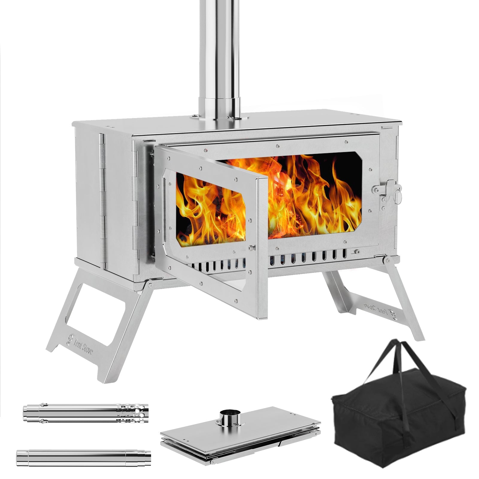 Garvee Portable Hot Tent Stove,Wood Burning Stove for Camping, Tent Stove With View Glass, Large Stainless Steel Camping Stove With 5 Chimney Pipes for Outdoor Heating and Cooking