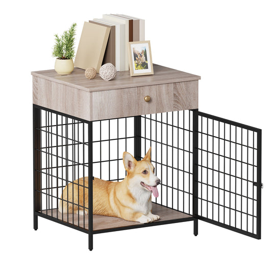 Garvee Wooden Dog Crate End Table, Dog Kennel with Drawer Indoor, Furniture Style Dog Crate Side Table for Small Dogs, Grey