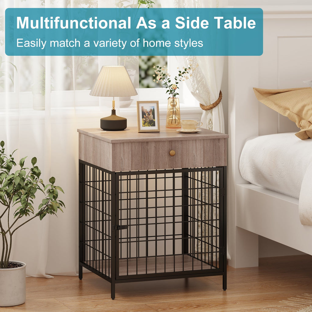 Garvee Wooden Dog Crate End Table, Dog Kennel with Drawer Indoor, Furniture Style Dog Crate Side Table for Small Dogs, Grey