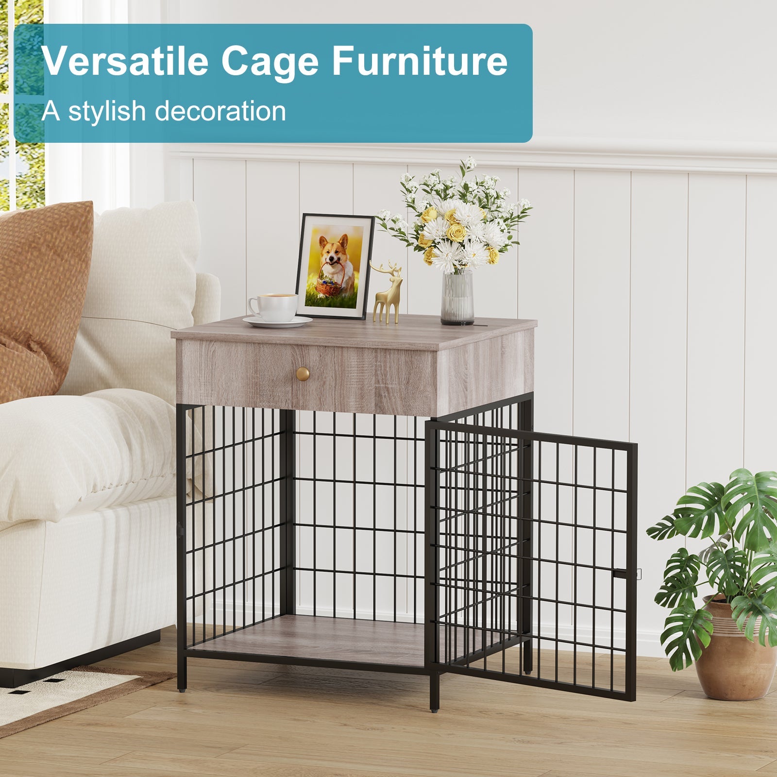 Garvee Wooden Dog Crate End Table, Dog Kennel with Drawer Indoor, Furniture Style Dog Crate Side Table for Small Dogs, Grey