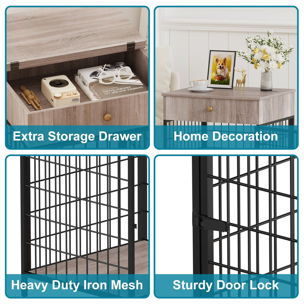 Garvee Wooden Dog Crate End Table, Dog Kennel with Drawer Indoor, Furniture Style Dog Crate Side Table for Small Dogs, Grey