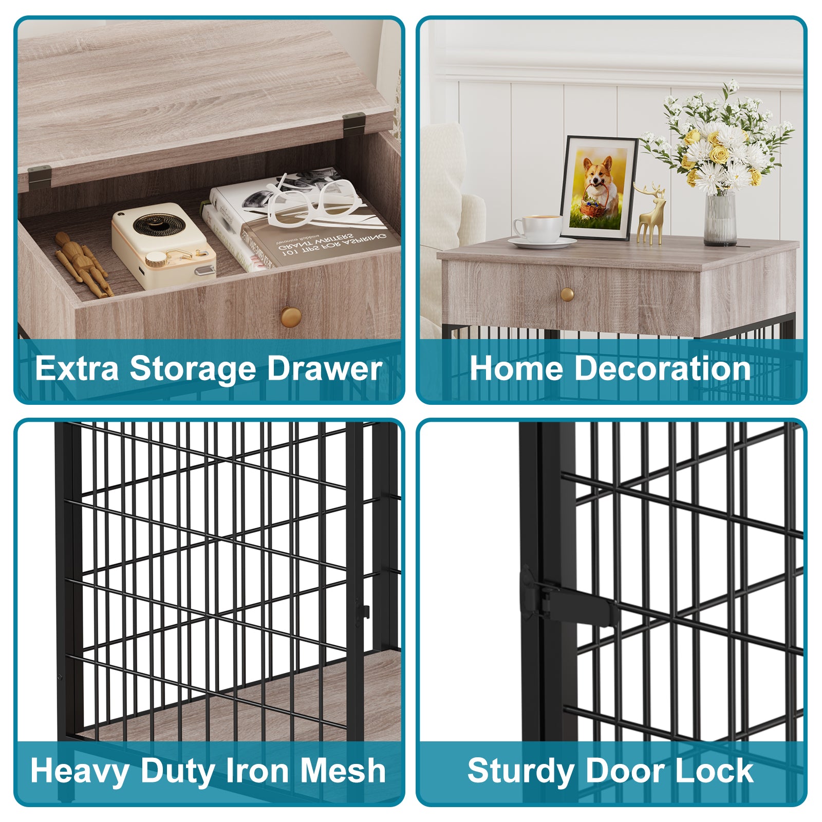 Garvee Wooden Dog Crate End Table, Dog Kennel with Drawer Indoor, Furniture Style Dog Crate Side Table for Small Dogs, Grey
