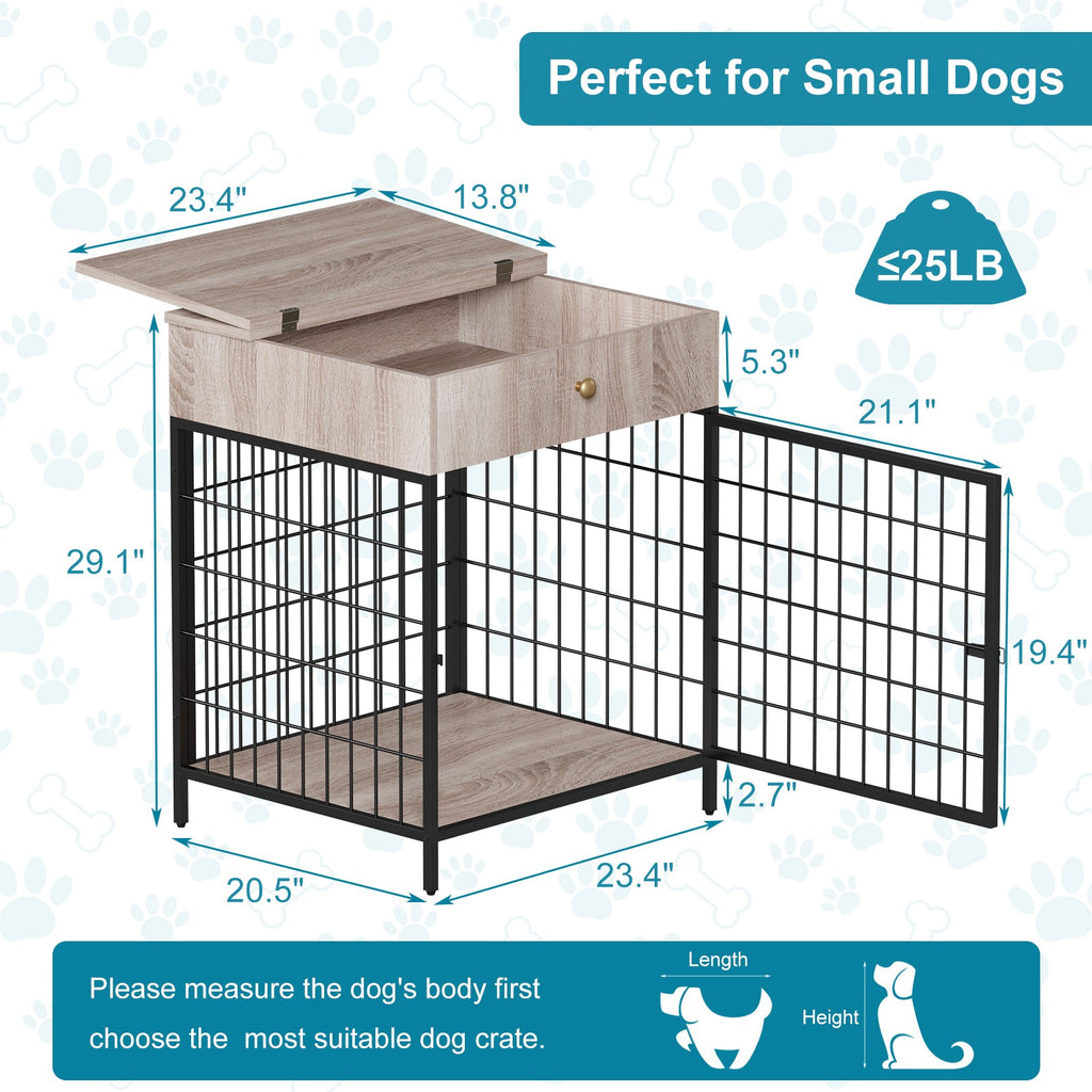 Garvee Wooden Dog Crate End Table, Dog Kennel with Drawer Indoor, Furniture Style Dog Crate Side Table for Small Dogs, Grey