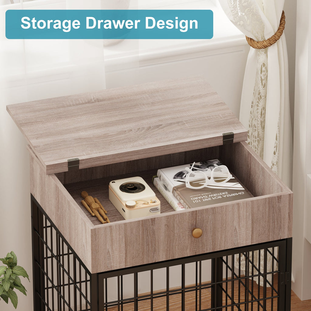 Garvee Wooden Dog Crate End Table, Dog Kennel with Drawer Indoor, Furniture Style Dog Crate Side Table for Small Dogs, Grey