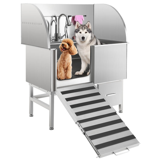 Garvee Professional Dog Grooming Tub, Stainless Steel Dog Wash Station with Foldable Ramp, Storage Drawer, Floor Grate & Faucet/Dog Bathtub for Large, Medium & Small Pets - Left Door (38")