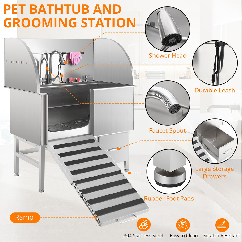 Garvee Professional Dog Grooming Tub, Stainless Steel Dog Wash Station with Foldable Ramp, Storage Drawer, Floor Grate & Faucet/Dog Bathtub for Large, Medium & Small Pets - Left Door (38")