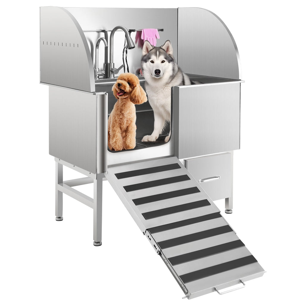 Garvee Professional Dog Grooming Tub, Stainless Steel Dog Wash Station with Foldable Ramp, Storage Drawer, Floor Grate & Faucet/Dog Bathtub for Large, Medium & Small Pets - Left Door (50")