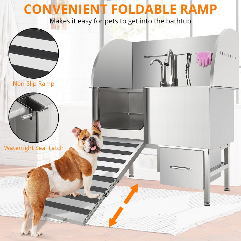 Garvee Professional Dog Grooming Tub, Stainless Steel Dog Wash Station with Foldable Ramp, Storage Drawer, Floor Grate & Faucet/Dog Bathtub for Large, Medium & Small Pets - Left Door (50")