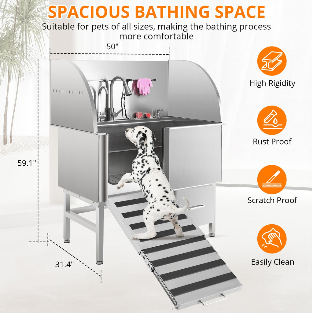 Garvee Professional Dog Grooming Tub, Stainless Steel Dog Wash Station with Foldable Ramp, Storage Drawer, Floor Grate & Faucet/Dog Bathtub for Large, Medium & Small Pets - Left Door (50")