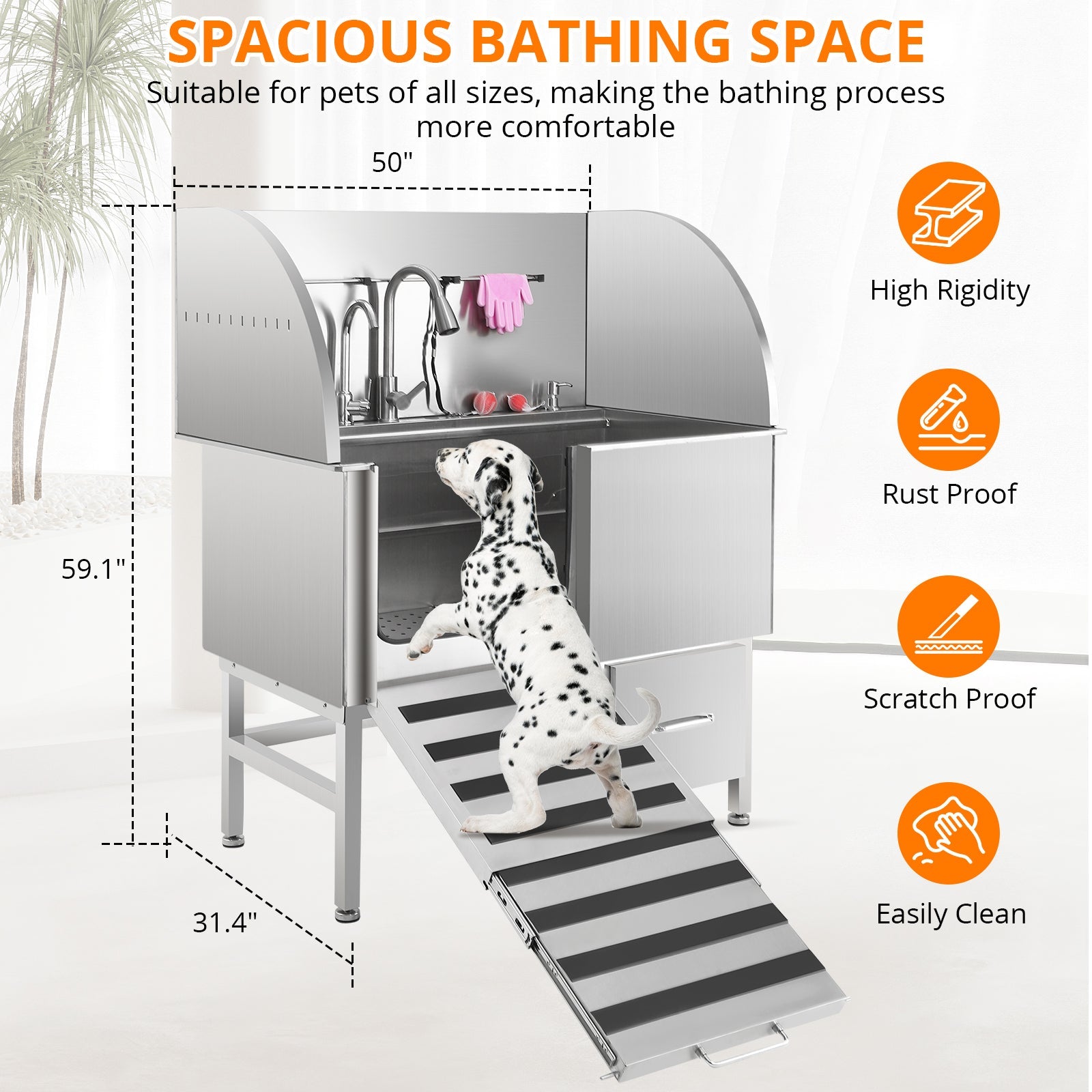 Garvee Professional Dog Grooming Tub, Stainless Steel Dog Wash Station with Foldable Ramp, Storage Drawer, Floor Grate & Faucet/Dog Bathtub for Large, Medium & Small Pets - Left Door (50")