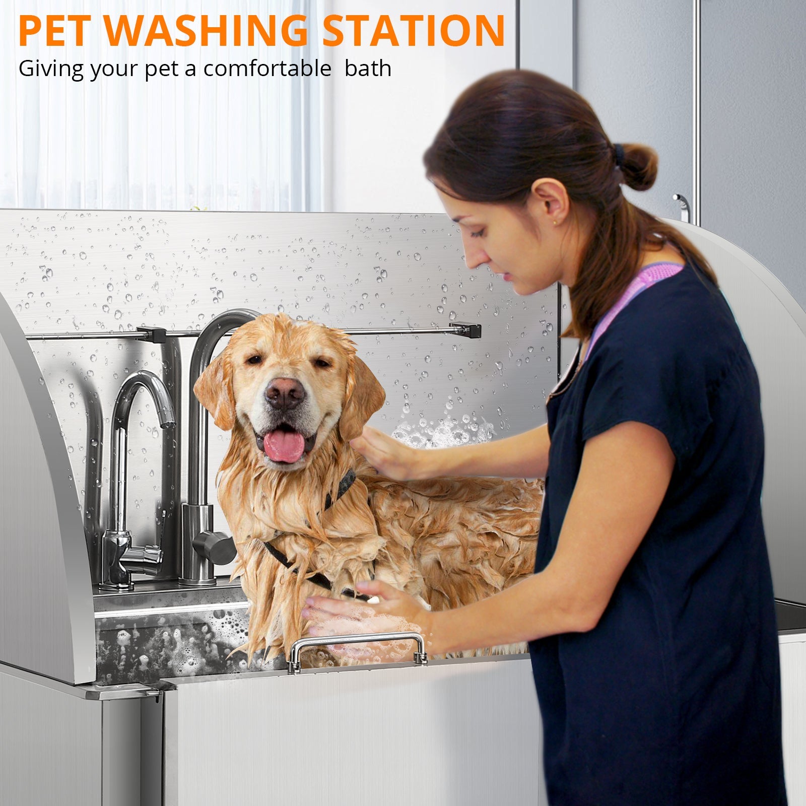 Garvee Professional Dog Grooming Tub, Stainless Steel Dog Wash Station with Foldable Ramp, Storage Drawer, Floor Grate & Faucet/Dog Bathtub for Large, Medium & Small Pets - Left Door (50")