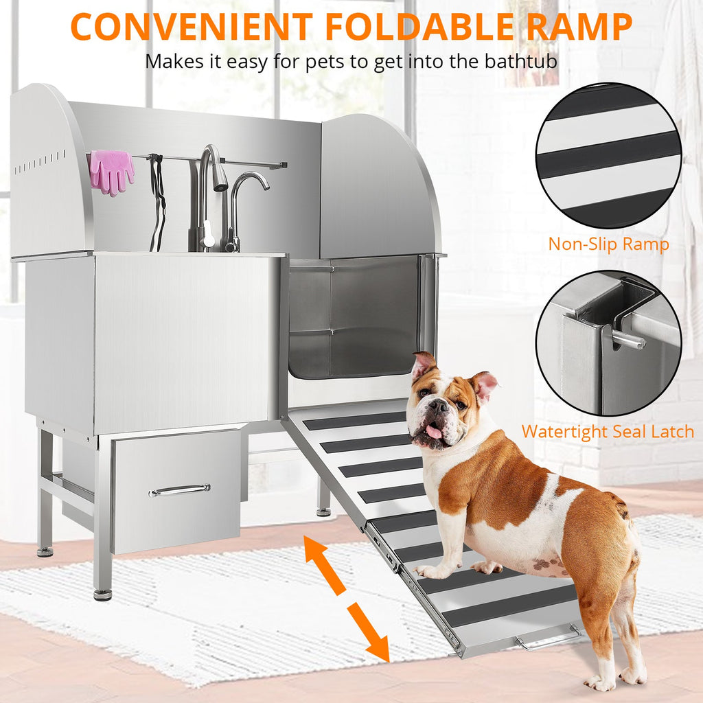 Garvee Professional Dog Grooming Tub, Stainless Steel Dog Wash Station with Foldable Ramp, Storage Drawer, Floor Grate & Faucet/Dog Bathtub for Large, Medium & Small Pets - Right Door (50")